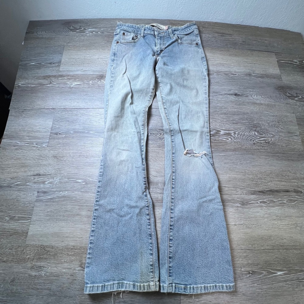 Levis Superlow Bootcut Jeans Womens 3M Blue Light Wash Distressed Low Rise Y2K